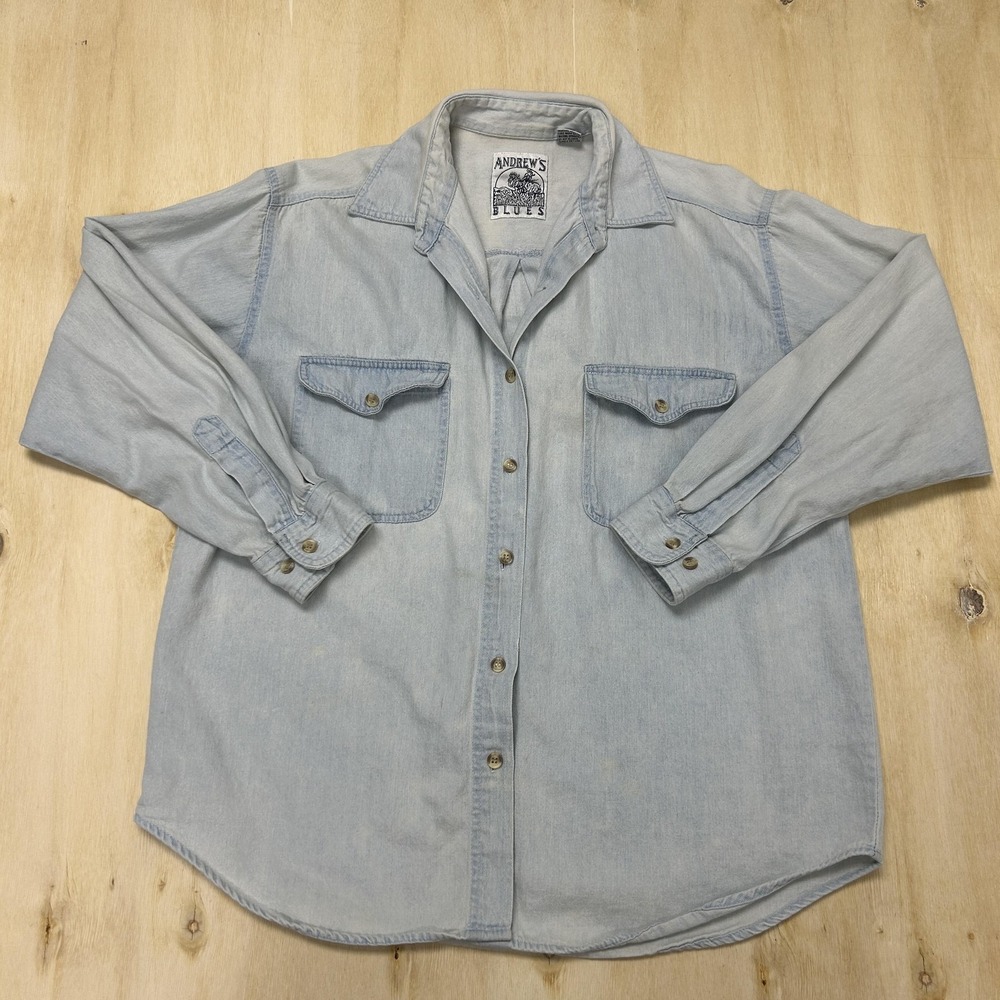 Vintage Andrew's Blues Shirt Mens Medium Blue Denim Long Sleeve Button Up Casual